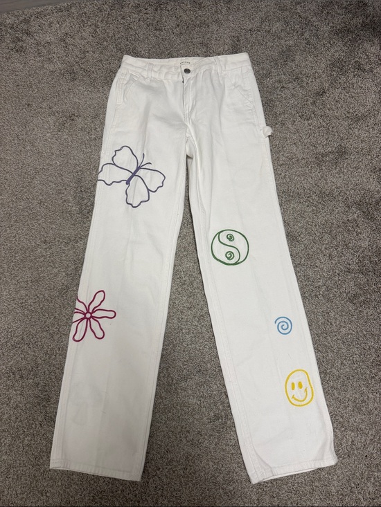 PacSun Denim - PacSun White Straight Leg Jeans with Colorful Embroidered Motifs